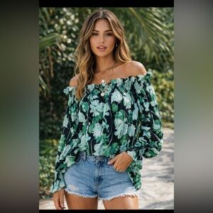 Christy Lynn Boho Ruffle Mint & Black Regina Off-Shoulder Blouse Large